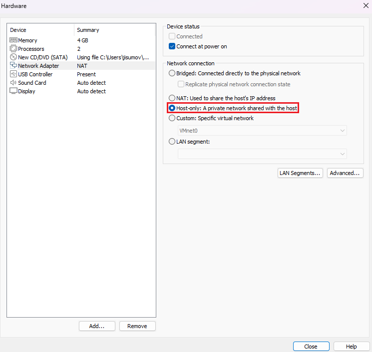 Host-only Network Connection