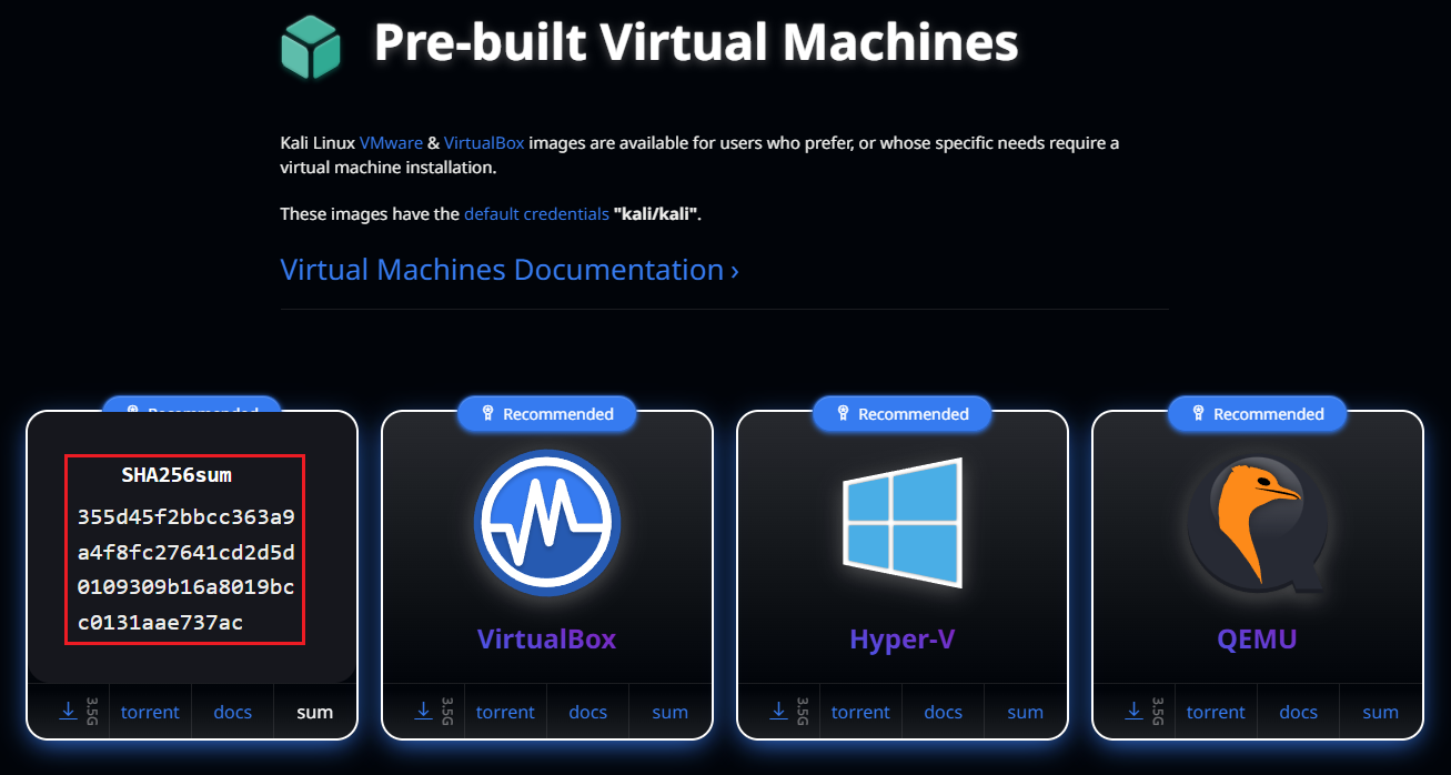 Kali Linux Website Hash