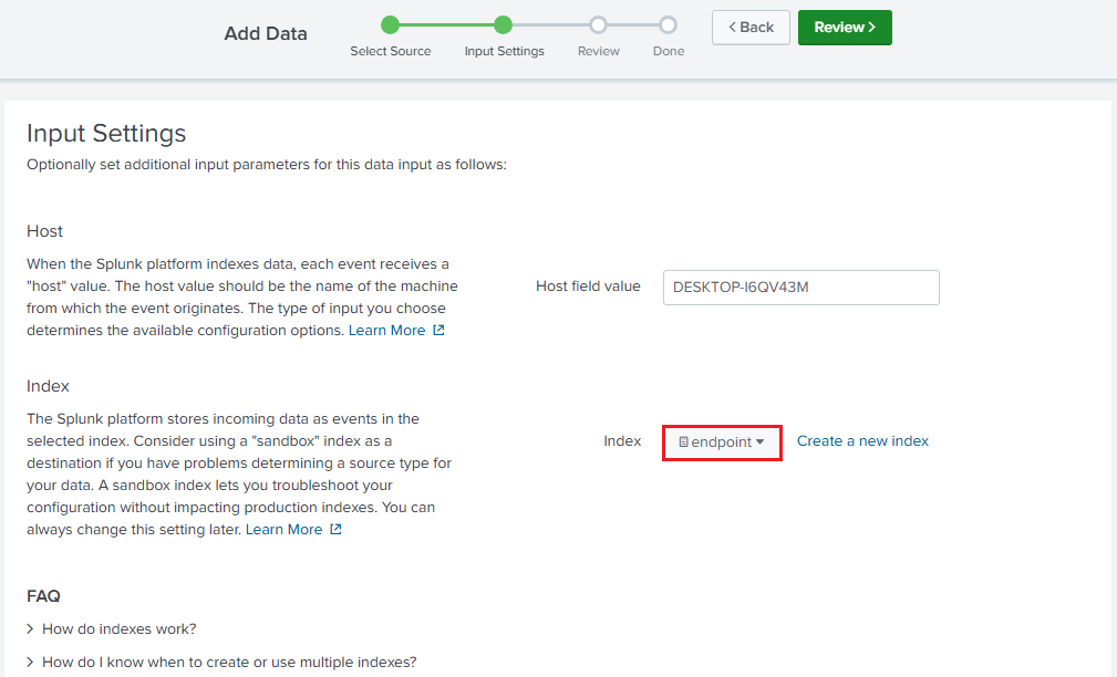 Splunk Endpoint Input Settings